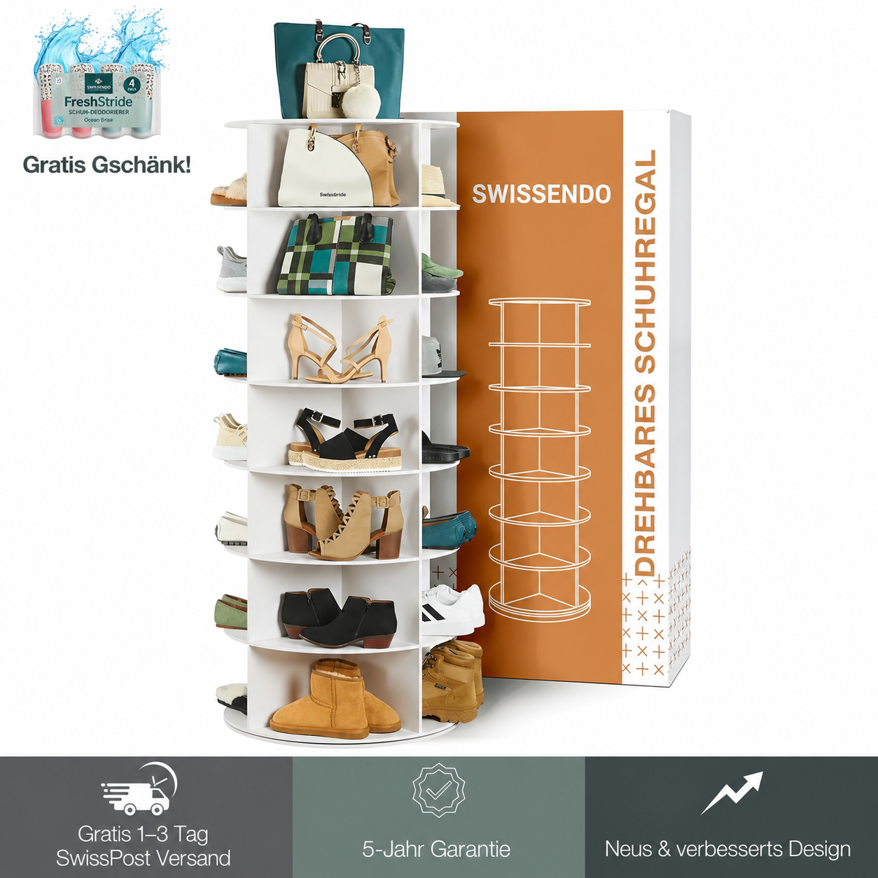 SoleSavvy™ 360° drehbares Schuhregal – 7-stöckiger, drehbarer Schuh-Organizer im Karussell-Design